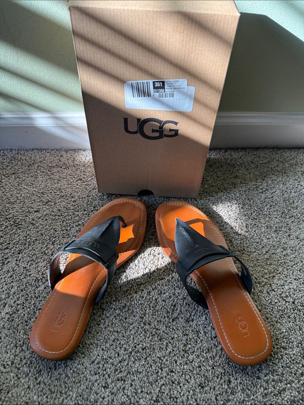UGG Women’s Black Leather Slide Sandals with Tan Footbed- Size 9